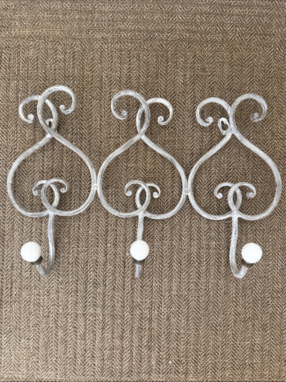 White and Distressed Silver Wall Hook Trio - Decorative Metal Coat Hooks